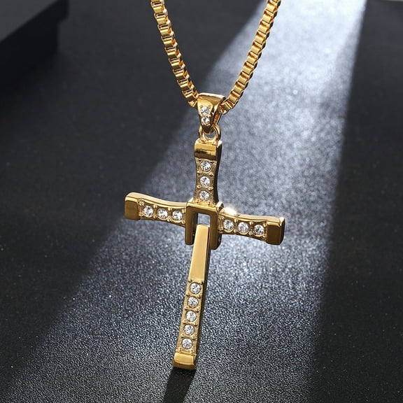 Cross Necklace Rhinestones Luxury Men's Chain 14K Yellow Gold Jewelry Accesories