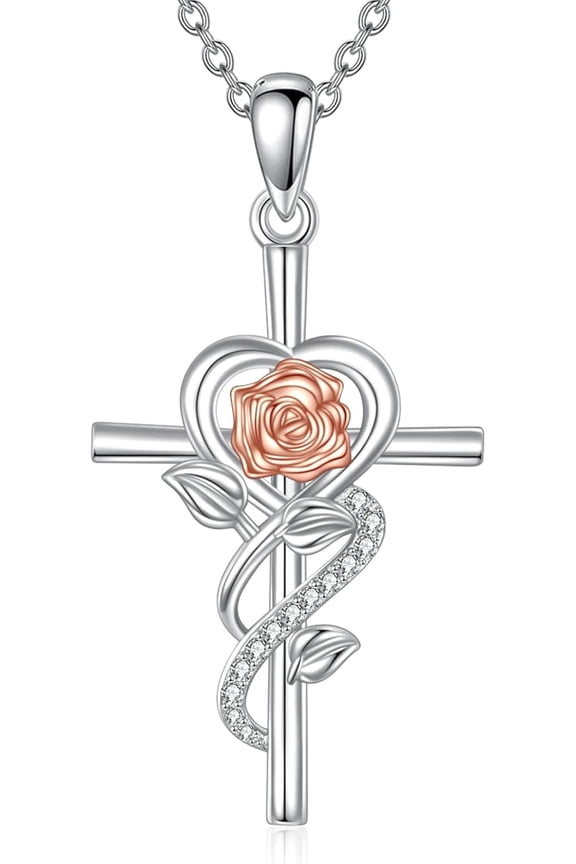 Cross Necklace Sterling Silver Cross Rose Birth Flower Pendant Necklace Jewelry Gifts for Women