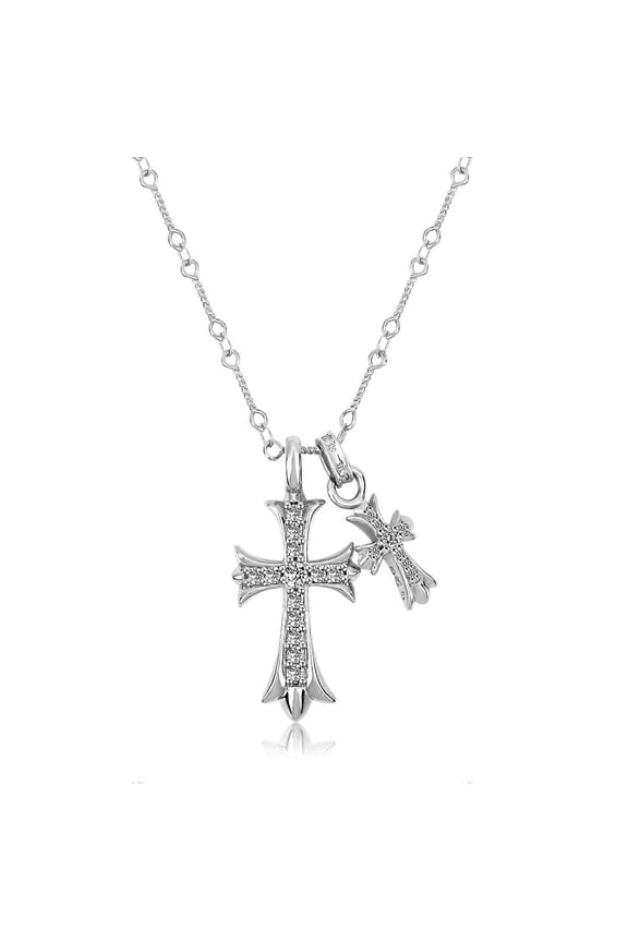 Cross Necklace Sterling Silver Double Cross Pendant CZ,Cubic Zirconia Cross Necklace