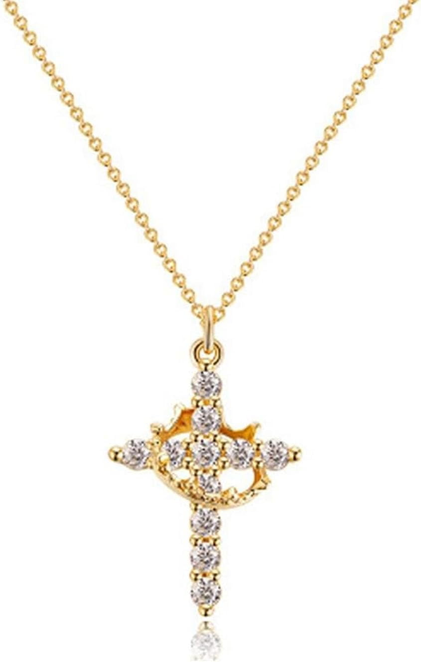 TRAHOO Cross Necklace With Crown for Women, 14K Gold Cubic Zirconia Paved Cross Rotated Crown Pendant Necklace Statement Rhinestone Cross Necklace Jewelry