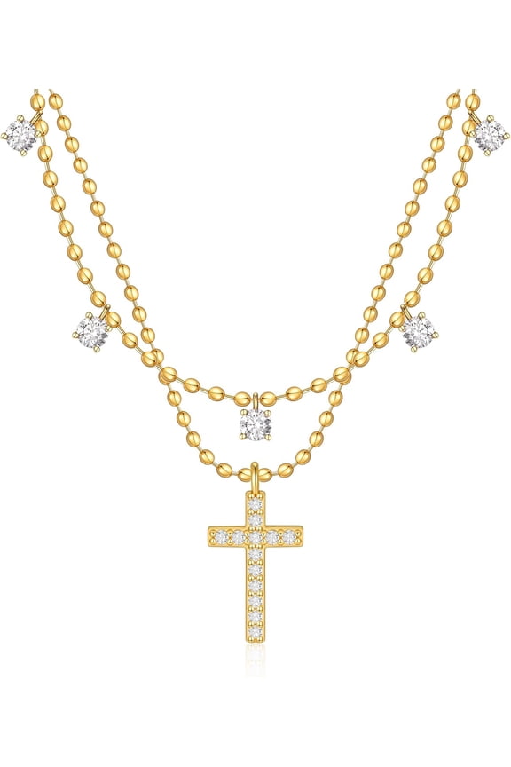 Cross Necklace for Women 14K Gold Silver Plated Dainty Small Cross Pendant Choker Simple Trendy Cute Cross Charm Chain Necklace Easter Basket Stuffers Baptism Religious Faith Jewelry Gift