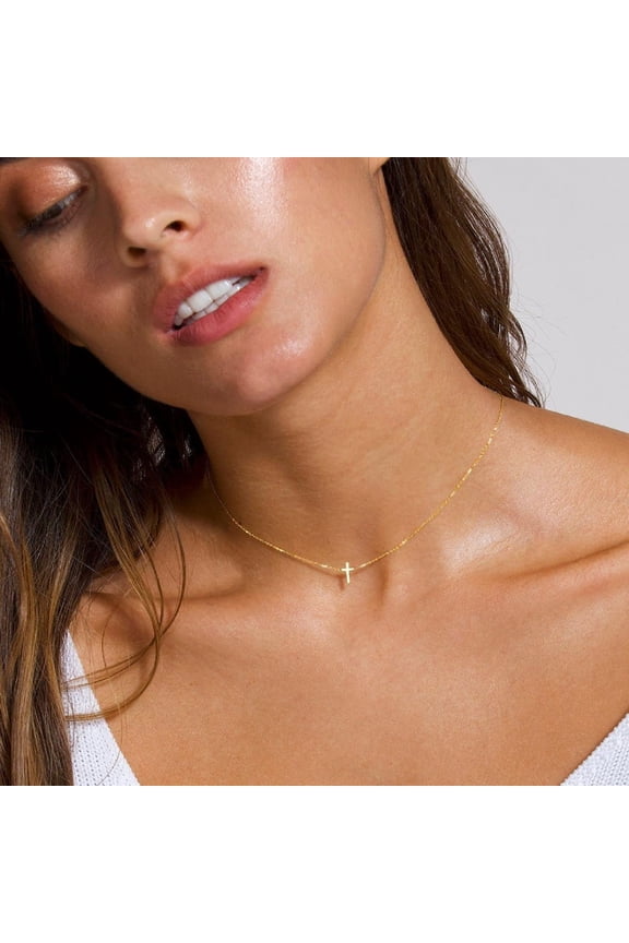 Cross Necklace For Women, 14K Real Gold Plated Tiny Small Cross Necklace Simple Dainty Cross Pendant Necklace Cute Layered Cz Cross Necklace Gold Chain Choker Necklaces Set For Womens Trendy[o7226]