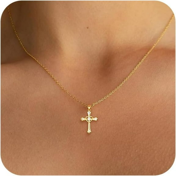 Cross Necklace for Women 18K Gold Plated Dainty Heart Cross Pendant Choker Simple Trendy Cute Cross Charm Diamond Necklace Faith Jewelry Religious Minimalist Gift
