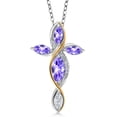 thumbnail image 1 of Cross Necklace for Women in 925 Silver and 10K Yellow Gold with Blue Tanzanite and White Moissanite | 1.38 Cttw | Jesus Christian Religious Crucifix | Marquise 8X4MM | With 18 inch Chain, 1 of 6