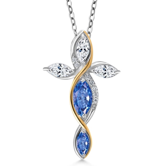 Cross Necklace for Women in 925 Silver and 10K Yellow Gold with Fancy Blue Zirconia and White Zirconia | 1.33 Cttw | Jesus Christian Religious Crucifix | Marquise 8X4MM | With 18 inch Chain