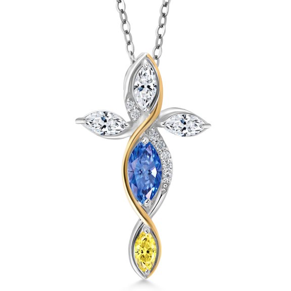 Gem Stone King Cross Necklace for Women in 925 Silver and 10K Yellow Gold Fancy Blue, White and Golden Yellow Zirconia | 1.33 Ct | Jesus Christian Religious Crucifix | Marquise 8X4MM | 18 inch Chain