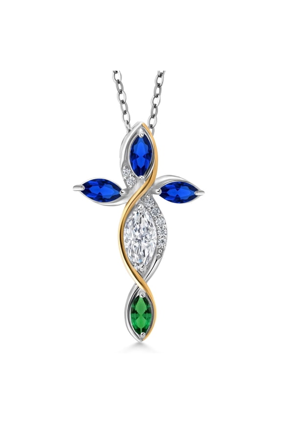 Cross Necklace for Women in 925 Silver and 10K Yellow Gold Lab Grown Diamond and Created Sapphire and Nano Emerald | 1.41 Cttw | Jesus Christian Religious Crucifix | Marquise 8X4MM | 18 inch Chain