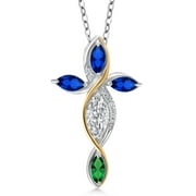 AOLIGEI Cross Necklace for Women in 925 Silver and 10K Yellow Gold Lab Grown Diamond and Created Sapphire and Nano Emerald | 1.41 Cttw | Jesus Christian Religious Crucifix | Marquise 8X4MM | 18 inch Chain