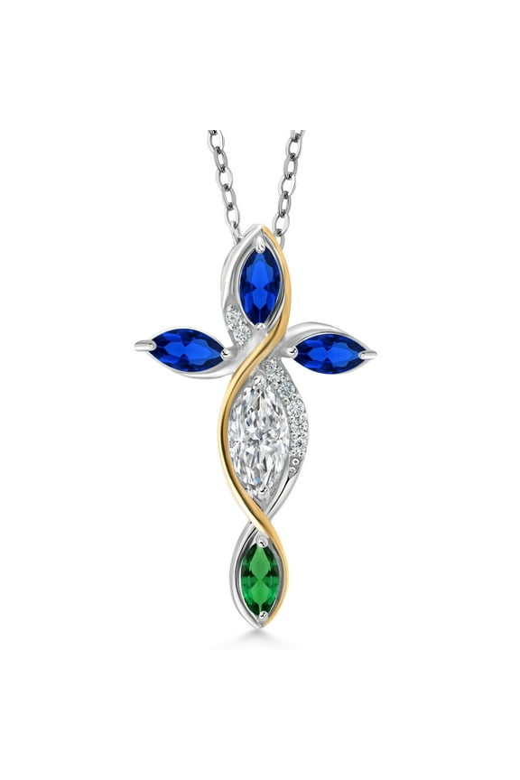 Cross Necklace for Women in 925 Silver and 10K Yellow Gold Lab Grown Diamond and Created Sapphire and Nano Emerald | 1.41 Cttw | Jesus Christian Religious Crucifix | Marquise 8X4MM | 18 inch Chain
