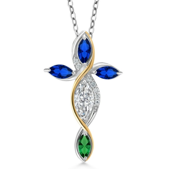 Cross Necklace for Women in 925 Silver and 10K Yellow Gold Lab Grown Diamond and Created Sapphire and Nano Emerald | 1.41 Cttw | Jesus Christian Religious Crucifix | Marquise 8X4MM | 18 inch Chain