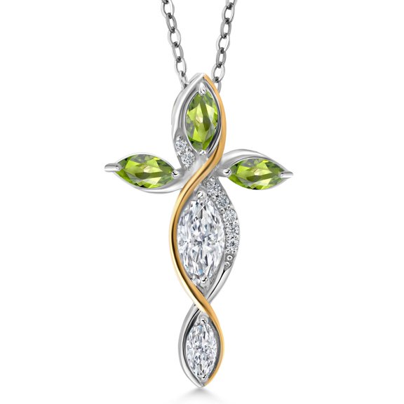Cross Necklace for Women in 925 Silver and 10K Yellow Gold with Lab Grown Diamond and Green Peridot | 1.31 Cttw | Jesus Christian Religious Crucifix | Marquise Cut 8X4MM | With 18 inch Chain