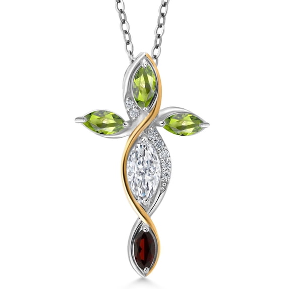 Cross Necklace for Women in 925 Silver and 10K Yellow Gold with Lab Grown Diamond and Peridot and Garnet | 1.37 Cttw | Jesus Christian Religious Crucifix | Marquise Cut 8X4MM | With 18 inch Chain