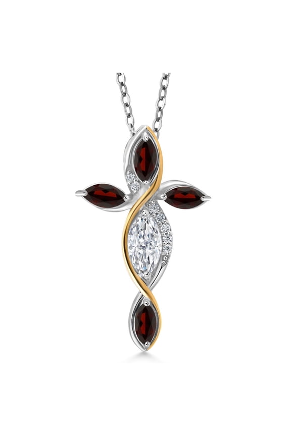 Cross Necklace for Women in 925 Silver and 10K Yellow Gold with Lab Grown Diamond and Red Garnet | 1.40 Cttw | Jesus Christian Religious Crucifix | Marquise Cut 8X4MM | With 18 inch Chain