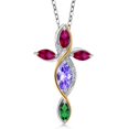 thumbnail image 1 of Cross Necklace for Women in 925 Silver and 10K Yellow Gold with Tanzanite and Created Ruby and Nano Emerald | 1.63 Cttw | Jesus Christian Religious Crucifix | Marquise 8X4MM | With 18 inch Chain, 1 of 6