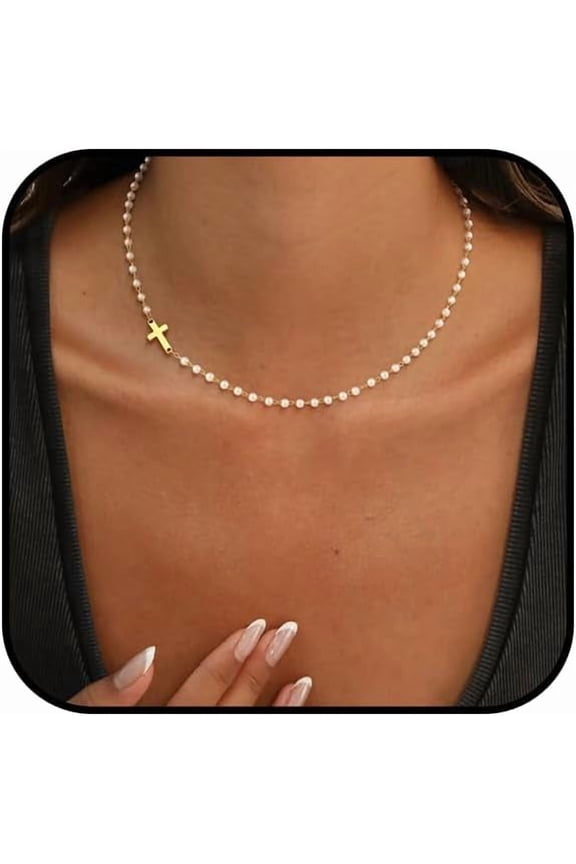 Cross Necklace for Women Gold Pearl Cross Necklace Eternal Pearls Necklace with Cross Dainty Sidways Cross Choker Necklaces Faith Jewelry Religious Gifts[u005]