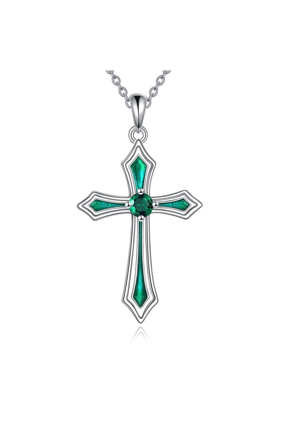 Cross Necklace for Women Men 925 Sterling Silver 5A CZ Birthstone Emerald Necklaces Gifts for Christmas, Birthday or Anniversary (E.Green-May-Emerald)