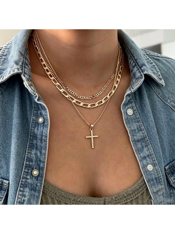 Cross Necklace for Women,Stackable Layered Necklaces Dainty Gold Necklace Flat Mariner Paperclip Box Chain Necklace Cross Pendant CZ Diamond Simple Jewelry Gift