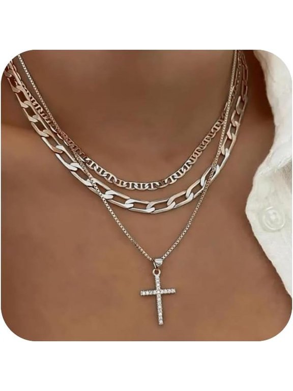 Cross Necklace for Women,Stackable Stacked Stacking Layering Layered Necklaces Dainty Gold Necklace Paperclip Box Flat Mariner Chain Necklace Cross Pendant CZ Diamond Simple Jewelry Gift