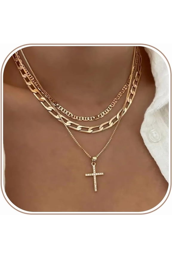 Cross Necklace for Women,Stackable Stacked Stacking Layering Layered Necklaces Dainty Gold Necklace Paperclip Box Flat Mariner Chain Necklace Cross Pendant CZ Diamond Simple Jewelry Gift
