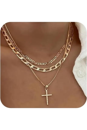Cross Necklace for Women,Stackable Stacked Stacking Layering Layered Necklaces Dainty Gold Necklace Paperclip Box Flat Mariner Chain Necklace Cross Pendant CZ Diamond Simple Jewelry Gift
