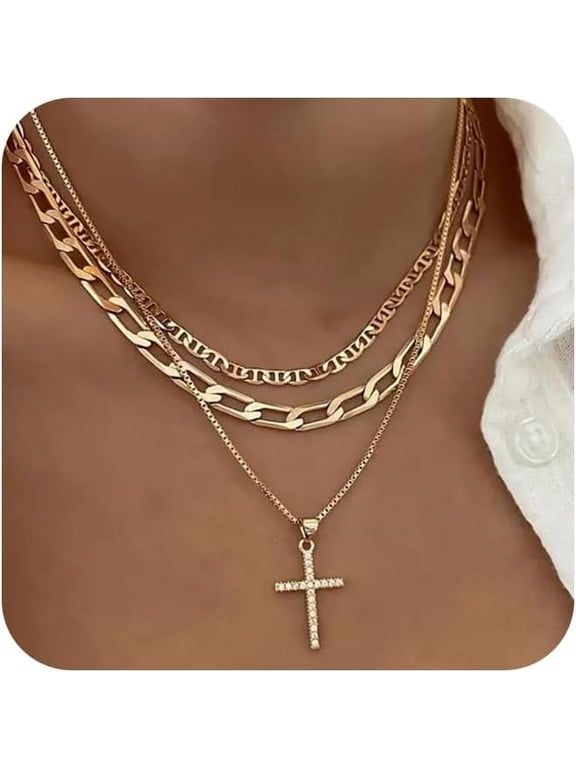 Cross Necklace for Women,Stackable Stacked Stacking Layering Layered Necklaces Dainty Gold Necklace Paperclip Box Flat Mariner Chain Necklace Cross Pendant CZ Diamond Simple Jewelry Gift