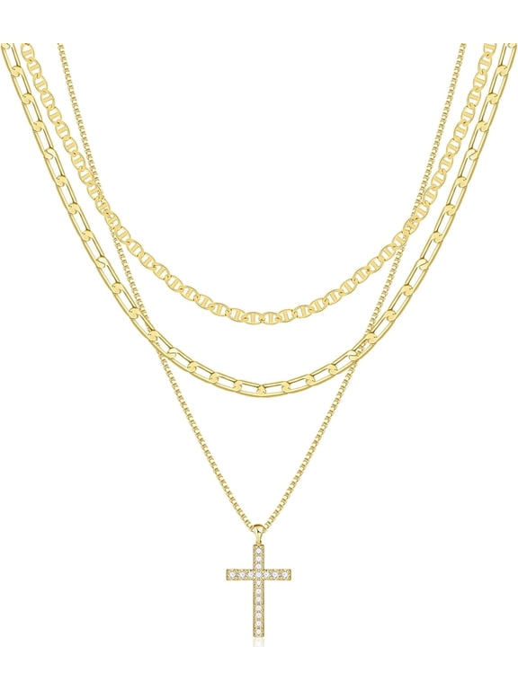 Cross Necklace for Women,Stackable Stacked Stacking Layering Layered Necklaces Dainty Gold Necklace Paperclip Box Flat Mariner Chain Necklace Cross Pendant CZ Diamond Simple Jewelry Gift