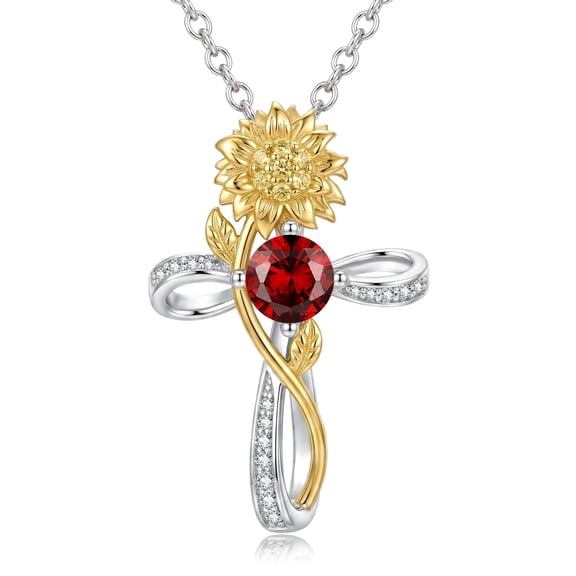 Cross Necklace for Women Sterling Silver Cross Pendant Jewelry with Sunflower Garnet January Birthstone Necklace Christian Religious Baptism First Communion Confirmation Birthday Gifts for Women