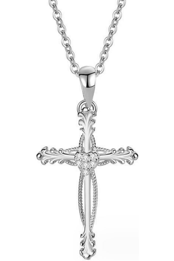 Cross Necklace for Women | Sterling Silver Cross Pendant Necklace | Cubic Zirconia Cross Necklace | Unique Design Heart Middle Religion Cross Necklace Fashion Jewelry Gift for Women