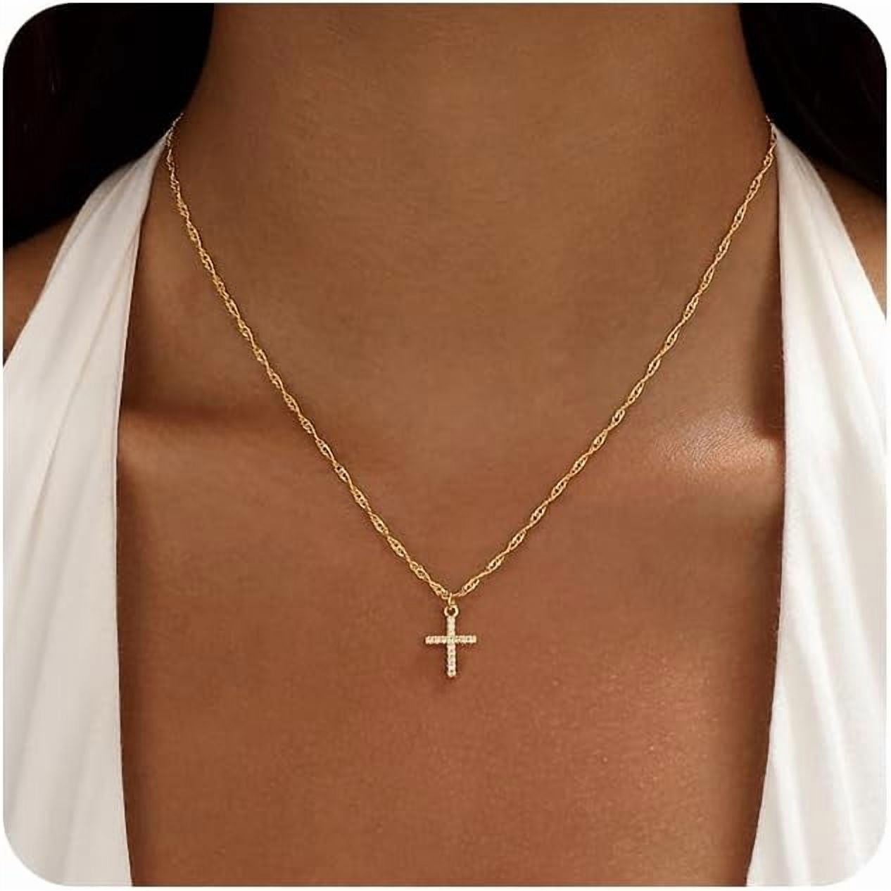 Cross Necklace for Women Trendy - Dainty 14K Real Gold Plated Minimalist Cz Cross Necklace Non Tarnish Waterproof Trendy Cute Simple Small Necklaces Easter Christian Religious Faith Jewelry Gifts