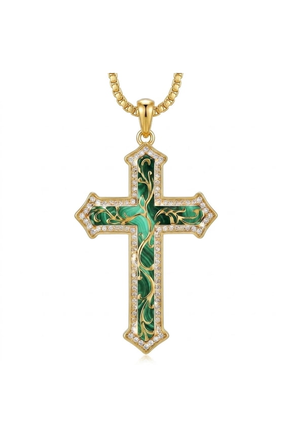 Cross Necklace for Men – 14K Gold Plated Malachite Filigree Cross Pendant with Cubic Zirconia, Vintage Religious Gift for Husband Father