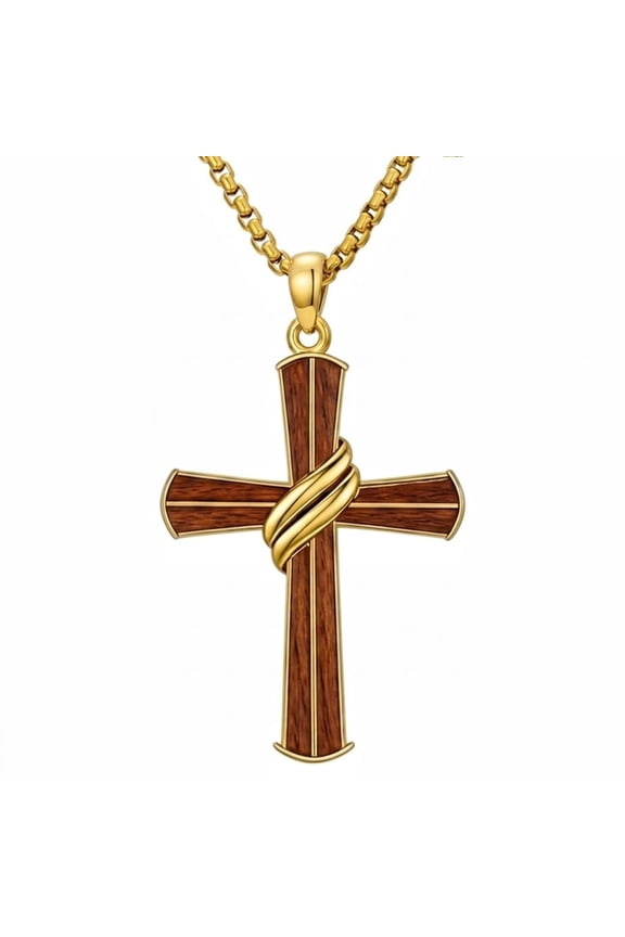 Men's Walnut Wood Cross Necklace– 14K Gold Plated Pendant with Adjustable 22-24" Chain, Christian Gift