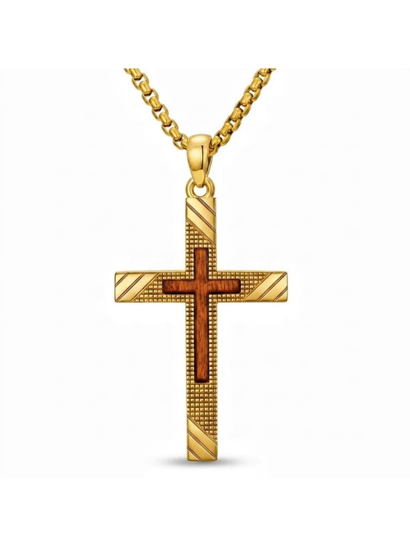 Men's Walnut Wood Cross Necklace– 14K Gold Plated Pendant with Adjustable 22-24" Chain, Christian Gift