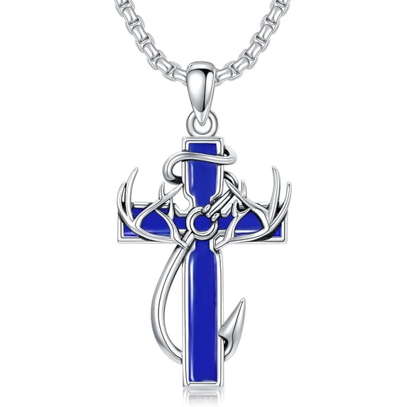 Cross Necklace for Men - 925 Sterling Silver Cross Deer Antler Fish Hook Pendant - Hunting Jewelry Gifts 22+2