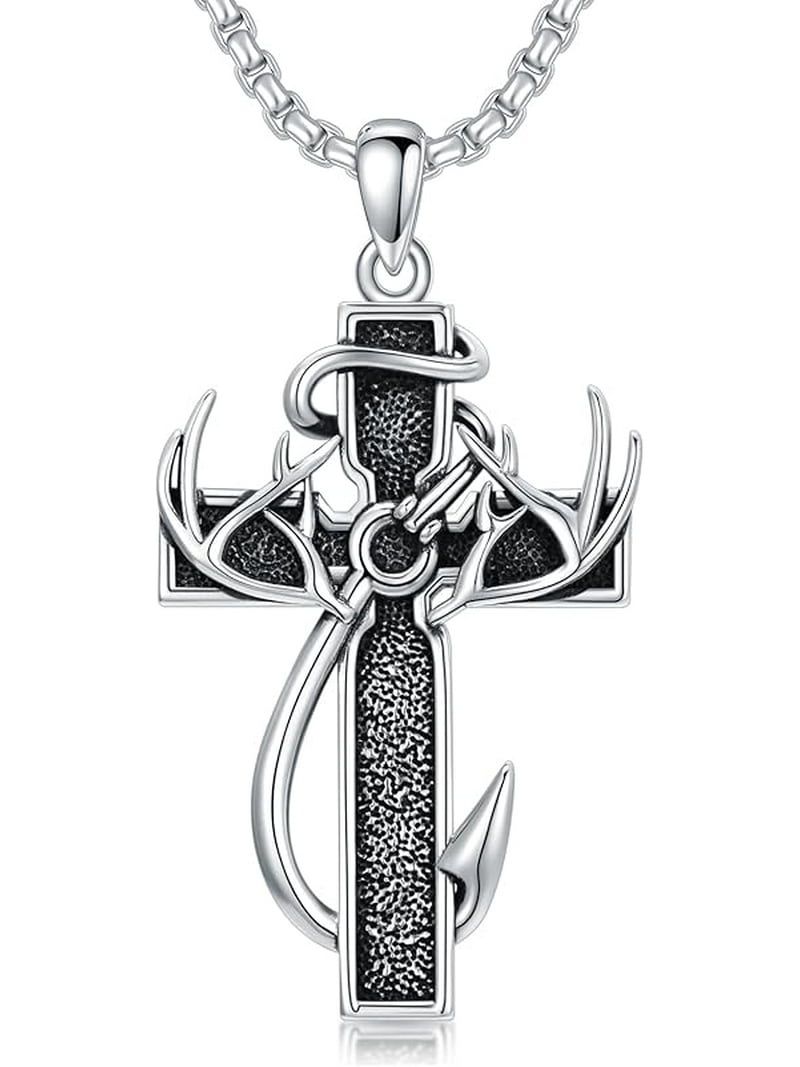 Cross Necklace for Men - 925 Sterling Silver Cross Deer Antler Fish Hook  Pendant - Hunting Jewelry Gifts 22+2 - Walmart.com, image size:800x1067