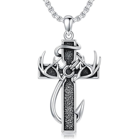 Cross Necklace for Men - 925 Sterling Silver Cross Deer Antler Fish Hook Pendant - Hunting Jewelry Gifts 22+2