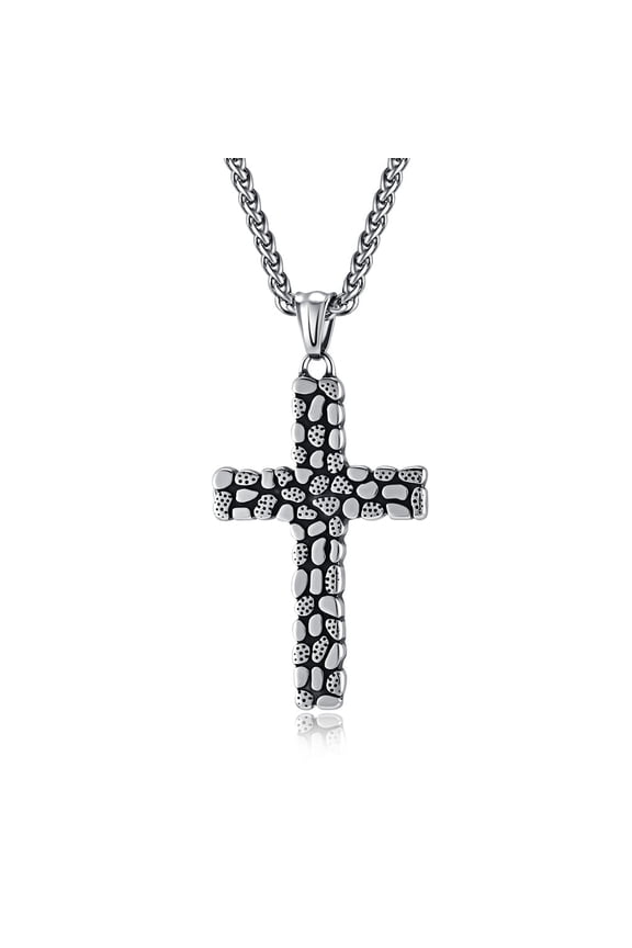 Cross Necklace for Men 925 Sterling Silver Cross Pendant with 24 Inch Chain Stone Texture Cross Necklace