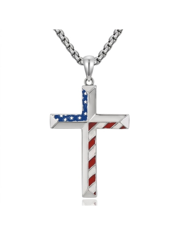 American Flag Cross Necklace for Men, White Gold Patriotic Crucifix Gift