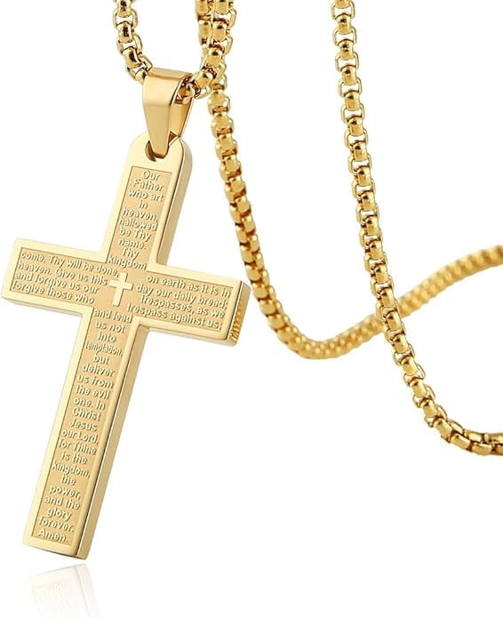 Lord's Prayer Cross Necklace For Men & Women - Stainless Steel Engraved Pendant With 24" Chain, Religious Gift