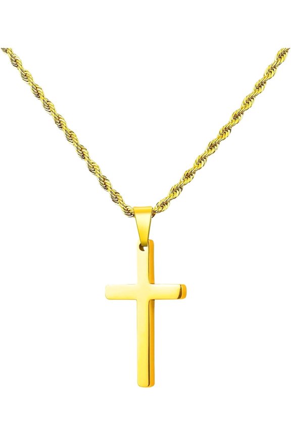 Cross Necklace for Men,Rope Chain Gold/Silver Stainless Steel Pendant Jewelry Gift, 18-26 Inch