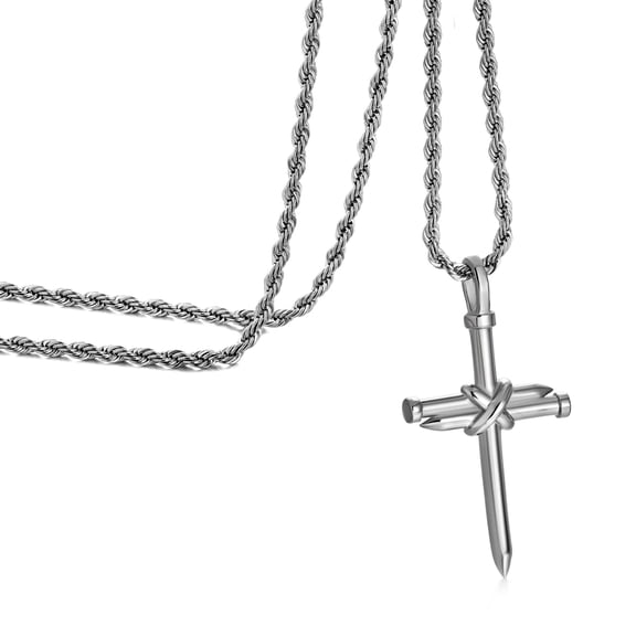 Cross Necklace for Men, Rope Wrap Nail Cross Pendant with Wheat Chain for Men 50cm Silver