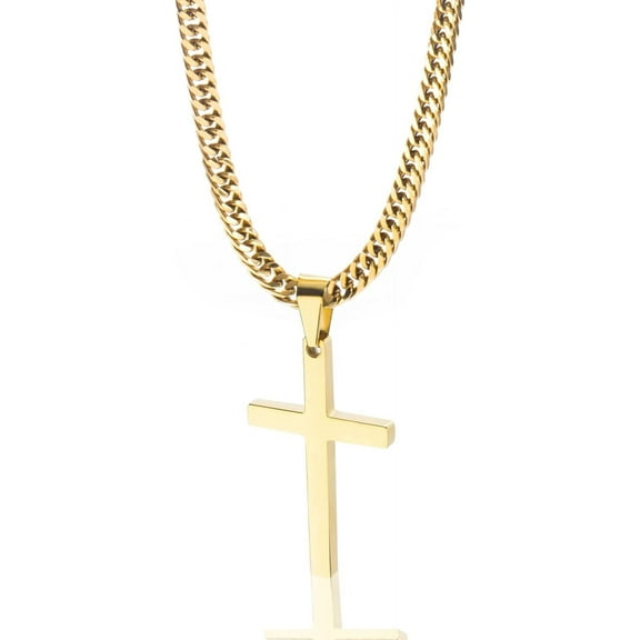 Cross Necklace for Men, Silver Gold Stainless Steel Plain Cross Pendant Necklace for Men Cuban Chain 18-26 Inch