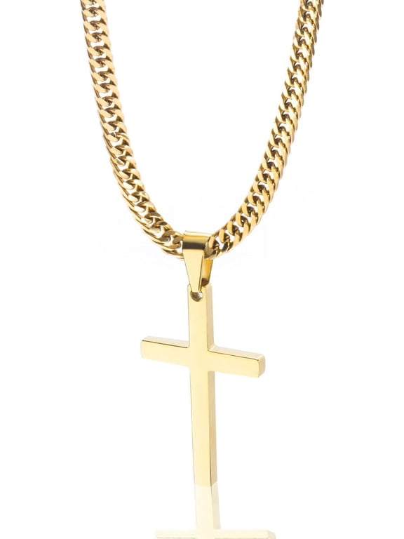 Cross Necklace for Men, Silver Gold Stainless Steel Plain Cross Pendant Necklace for Men Cuban Chain 18-26 Inch