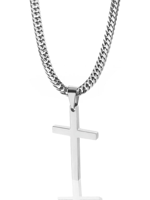 Cross Necklace for Men, Silver Gold Stainless Steel Plain Cross Pendant Necklace for Men Cuban Chain 18-26 Inch