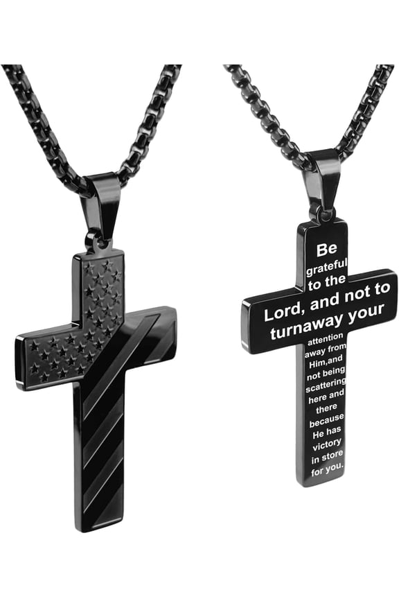 Cross Necklace for Men, Stainless Steel American Flag Pendant Chain with Bible Verse, Christian accessories Gift for Men, Baptism & Faith Gifts