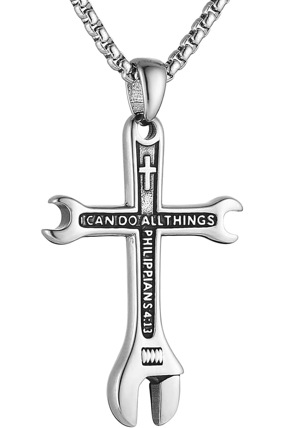 Cross Necklace for Men Stainless Steel Bible Verse Philippians 4:13 I CAN DO ALL THINGS Wrench Cross Pendant Necklace