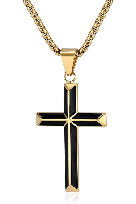 Cross Necklace for Men,Stainless Steel Black Gold Silver  plated Jesus Christ Crucifix Pendant Necklaces Jewelry，60cm Rolo Chain
