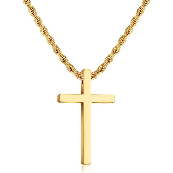 Cross Necklace for Men,Stainless Steel Black Silver Gold Cross Pendant Necklace for Men Cross Chain for Men 16-24 Inches Rope Chain