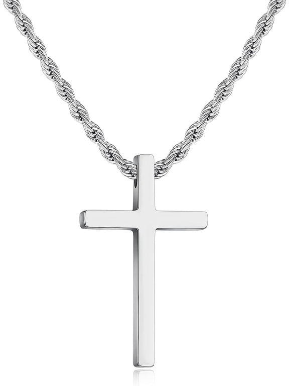 Cross Necklace for Men,Stainless Steel Black Silver Gold Cross Pendant Necklace for Men Cross Chain for Men 16-24 Inches Rope Chain