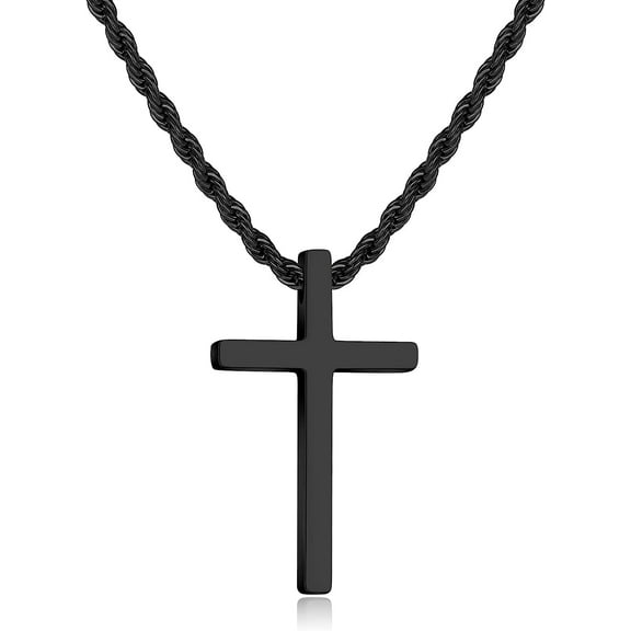 Cross Necklace for Men,Stainless Steel Black Silver Gold Cross Pendant Necklace for Men Cross Chain for Men 16-24 Inches Rope Chain