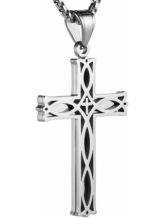 Cross Necklace for Men,Stainless Steel Black Silver Jesus Christ Crucifix Pendant Necklaces Meaningful Religious Jewelry,60cm Rolo Chain